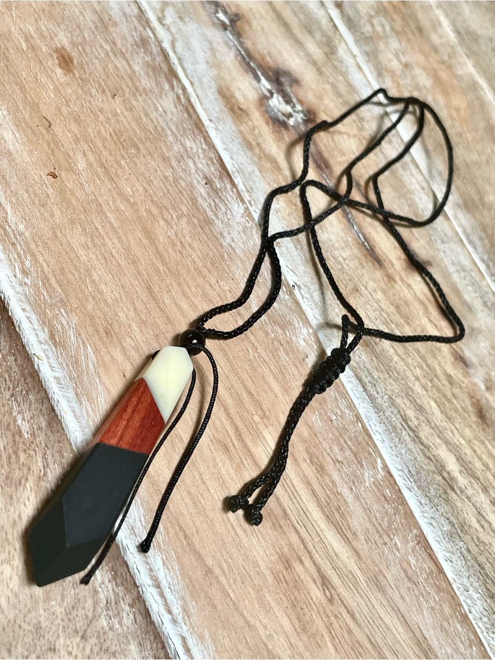 Handmade Tri-Tone Geometric Drop Earrings and Necklace in Cream, Wood & Black. - Picture 4 of 4